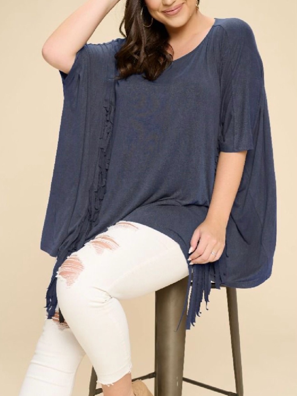 Oddi Navy Fringe-Side Women's Top — NWT